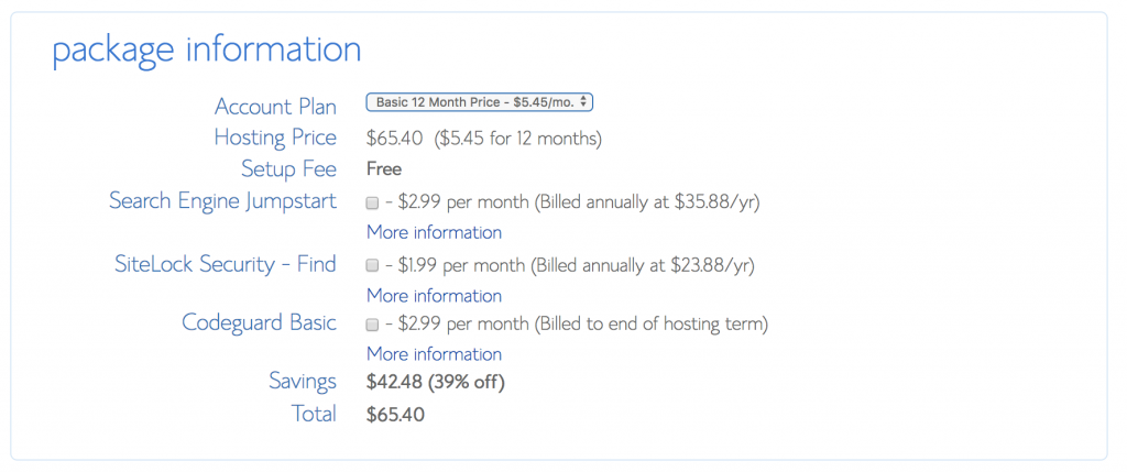 bluehost package information